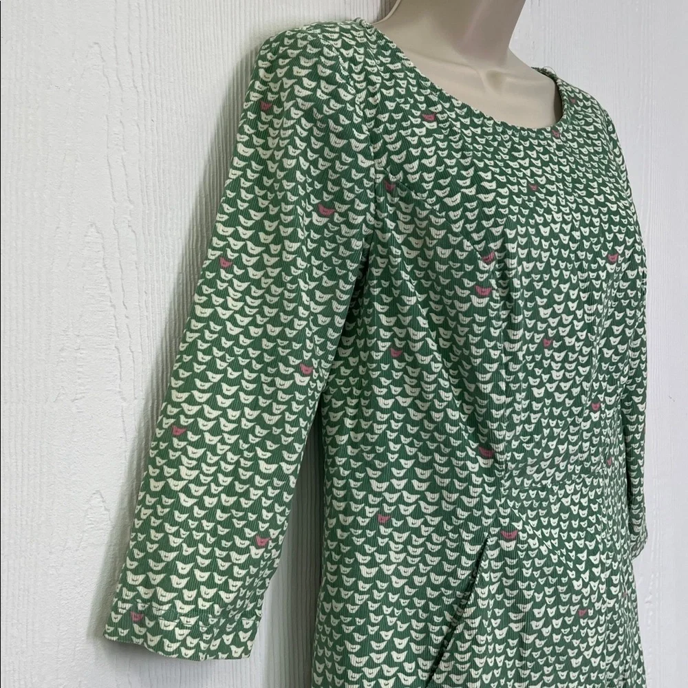Boden - Hannah Corduroy Quarter Sleeve Green And Pink Bird Print Midi Dress 4R